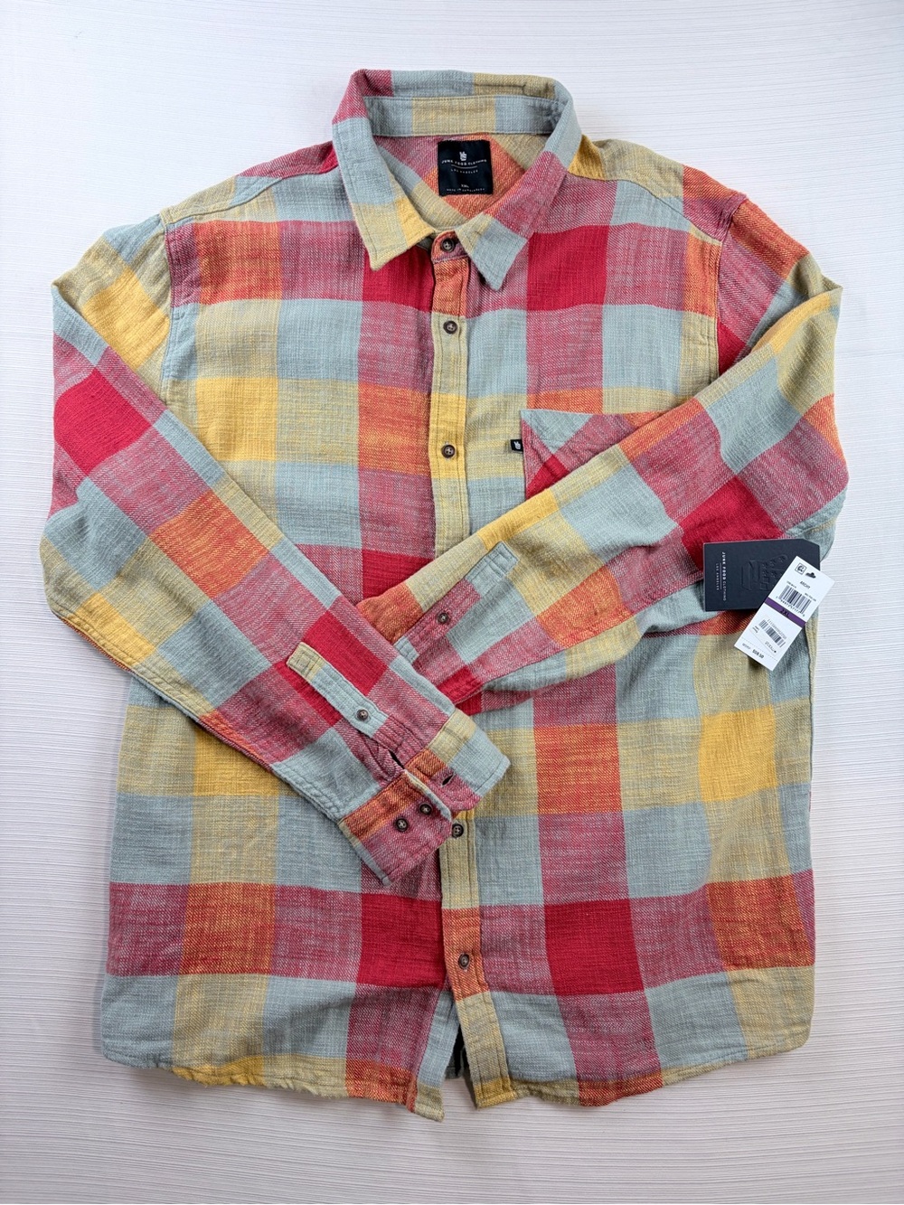Junk Food Clothing Plaid Button-Down Shirt in Red, Yellow & Gray